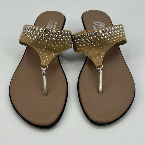 Onex Rhinestone Embellished Thong Sandals Slides Tan Made in USA size 10 - Picture 1 of 5
